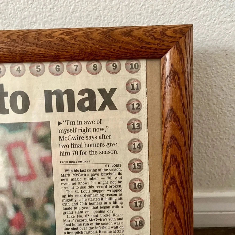 Framed Baseball Newspaper Article in Brown Frame Mark McGuire 13/16 inch